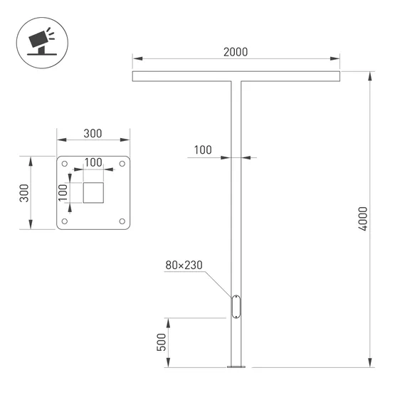 Фото #2 товара Опора OXOR-STER-T-2000x100x100-L4000-70W Warm3000 (BK, 230V) IP65 (Arlight, -)